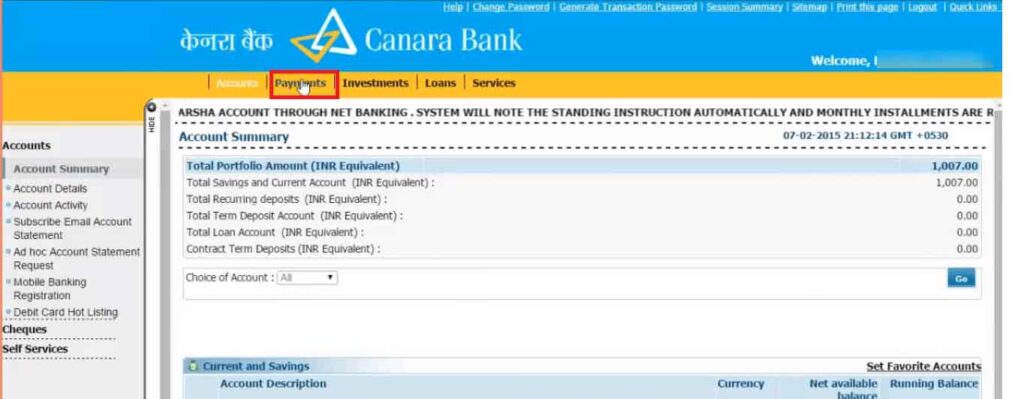 add beneficiary in Canara Bank Netbanking