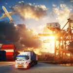 Container truck in ship port for business Logistics and transpor